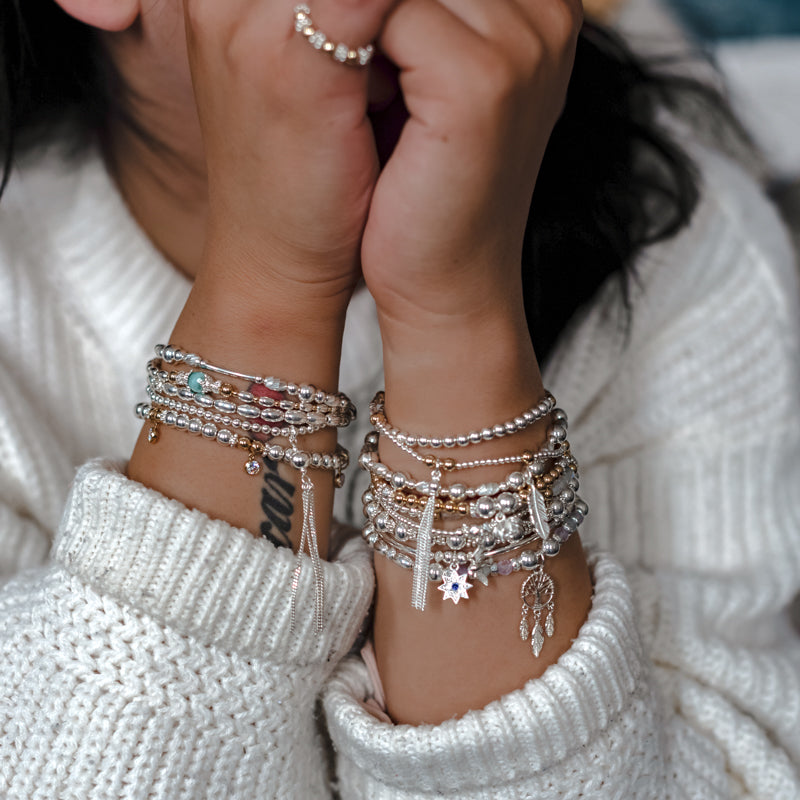 Romantic Dreamcatcher stacking bracelet with Aquamarine and Amethyst gemstone