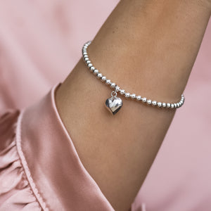 Adorable 925 Sterling silver romantic elastic/stretch ball bracelet with Heart charm
