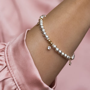 Elegant sterling silver stacking bracelet with 14k gold filled beads and Cubic Zirconia charms