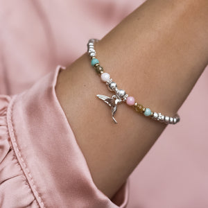 Luxury Hummingbird 925 silver bracelet with Pink Opal, Green Garnet and Amazonite gemstones