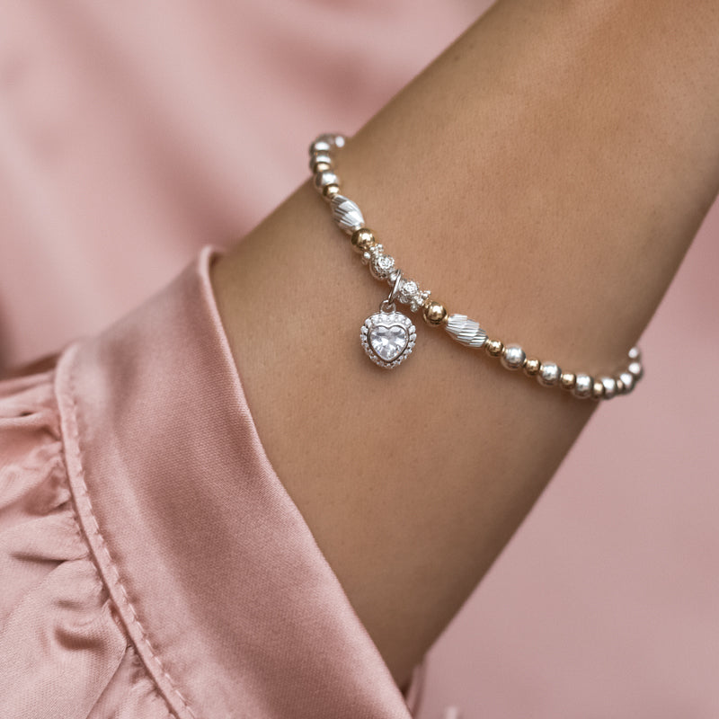 Dazzling silver and 14k gold filled bracelet with Cubic Zirconia heart charm