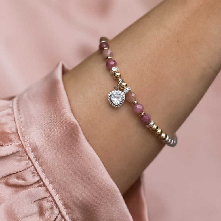 Pink Opal Heart Beaded Bracelet Silver / Small