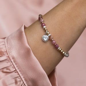 Luxury AAA Pink Tourmaline silver and 14k gold filled stacking bracelet with and Heart charm
