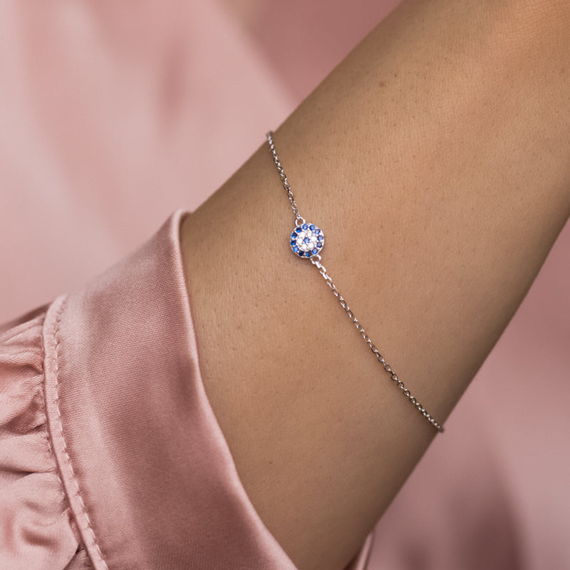 Delicate 925 sterling silver bracelet with Evil Eye full of Cubic Zirconia stones