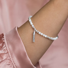 Load image into Gallery viewer, Mother of Pearl 925 sterling silver stacking bracelet with Tassel charm