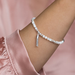 Mother of Pearl 925 sterling silver stacking bracelet with Tassel charm