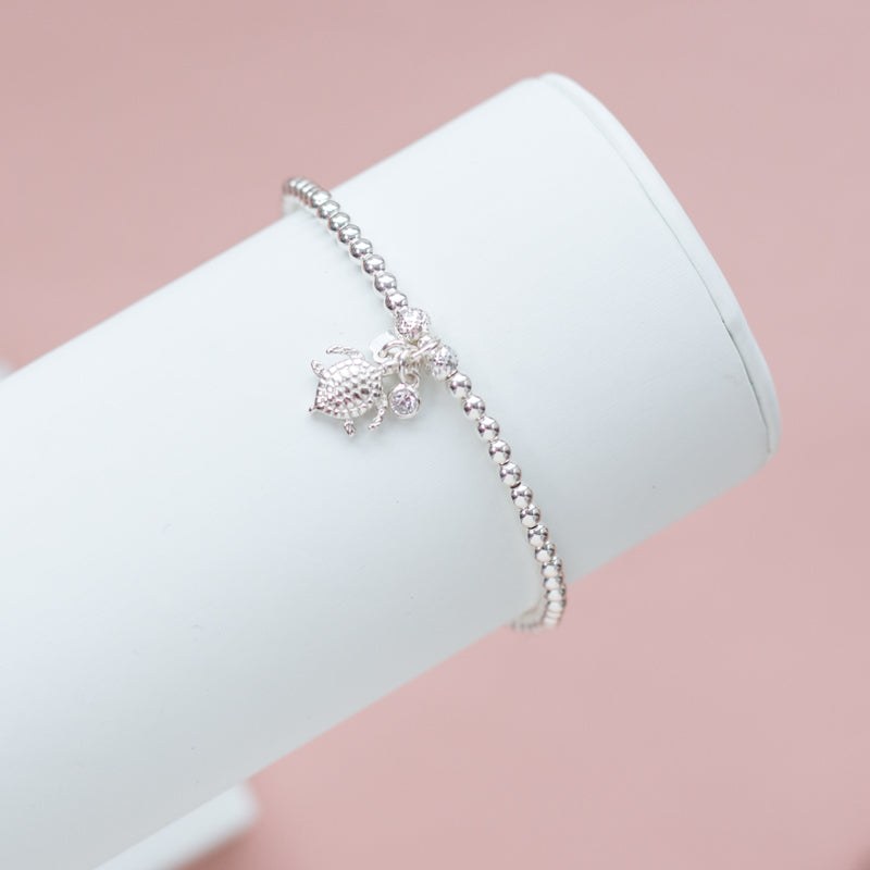 Adorable Turtle and Cubic Zirconia stone silver stacking bracelet