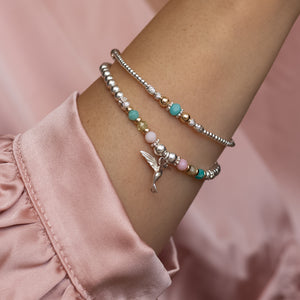 Exotic Hummingbird bracelet stack with Amazonite, Opal and Garnet gemstones
