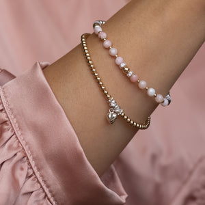 Romantic pink Opal and 14k gold filled bracelet stack with tiny heart charm