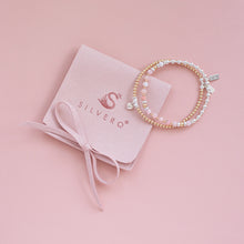Load image into Gallery viewer, Romantic pink Opal and 14k gold filled bracelet stack with tiny heart charm