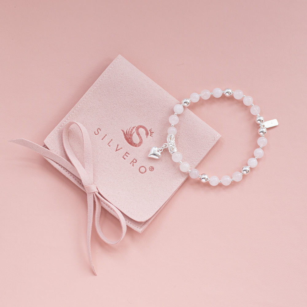 Romantic Rose Quartz gemstone silver bracelet with heart charm