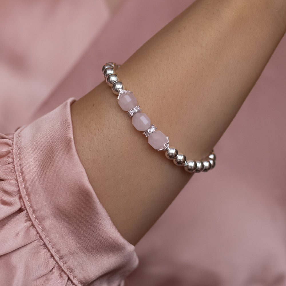 Dazzling natural Rose Quartz silver bracelet with Cubic Zirconia stones