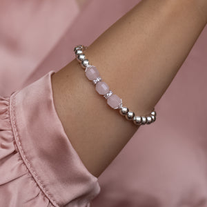 Dazzling natural Rose Quartz silver bracelet with Cubic Zirconia stones