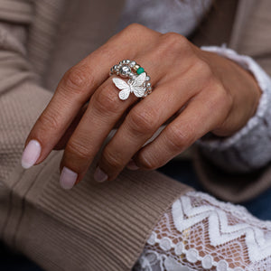 Eirene silver ring stack with Butterfly and Chrysoprase gemstone