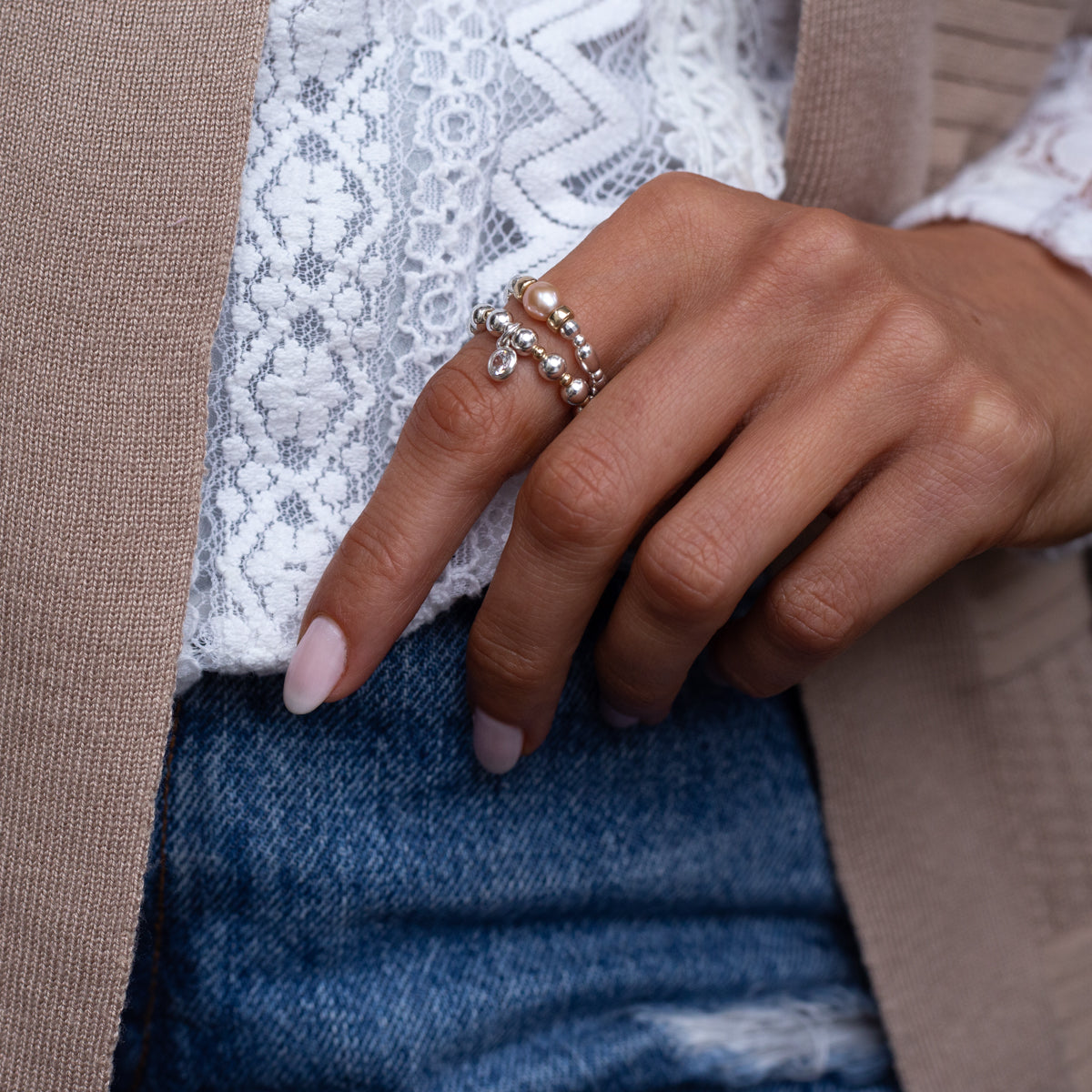 Peach Freshwater pearl ring stack with Cubic Zirconia charm