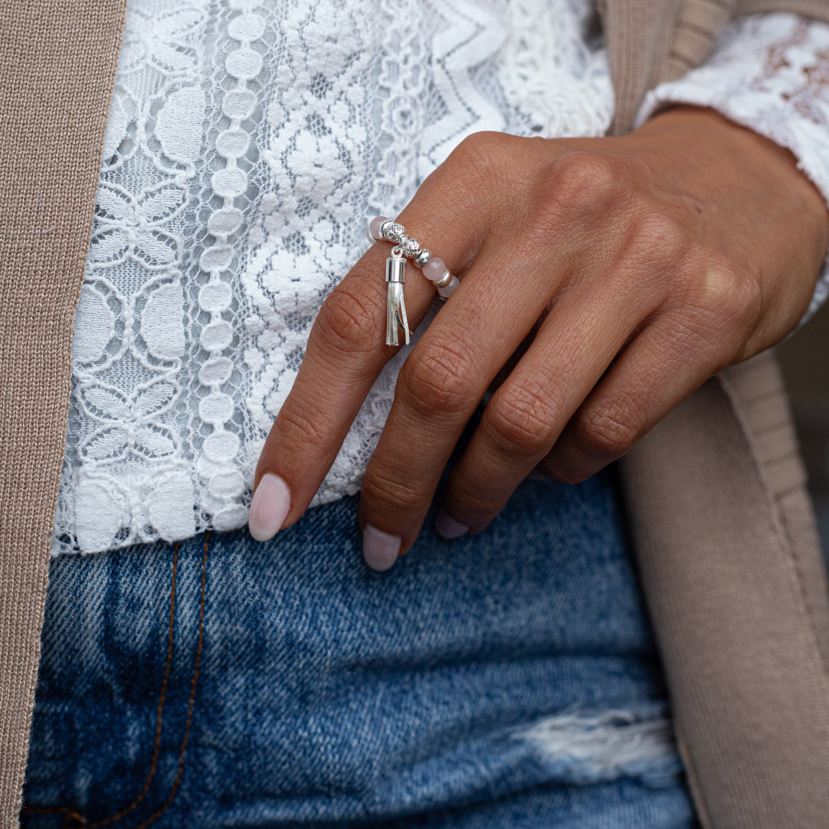 Dazzling Rose Quartz tassel stacking ring