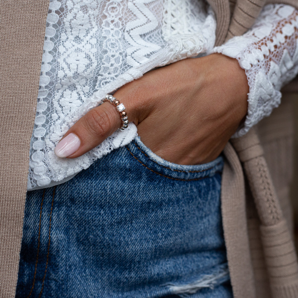 Cubic Zirconia stacking ring with 14k gold filled beads