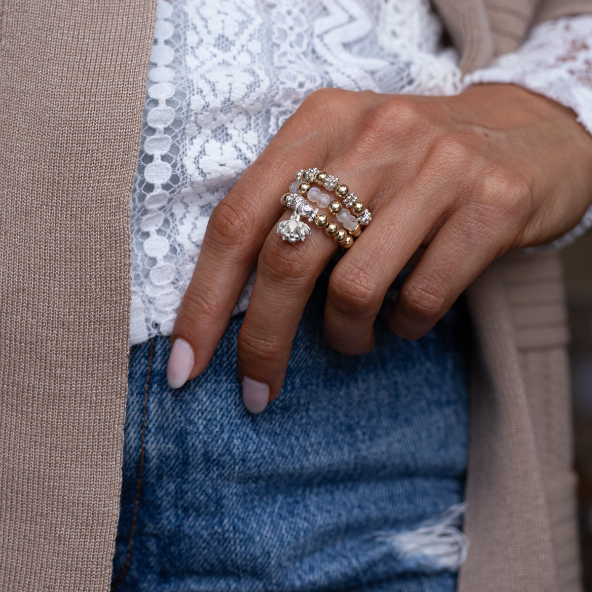 Golden Lotus ring stack with Moonstone gemstone