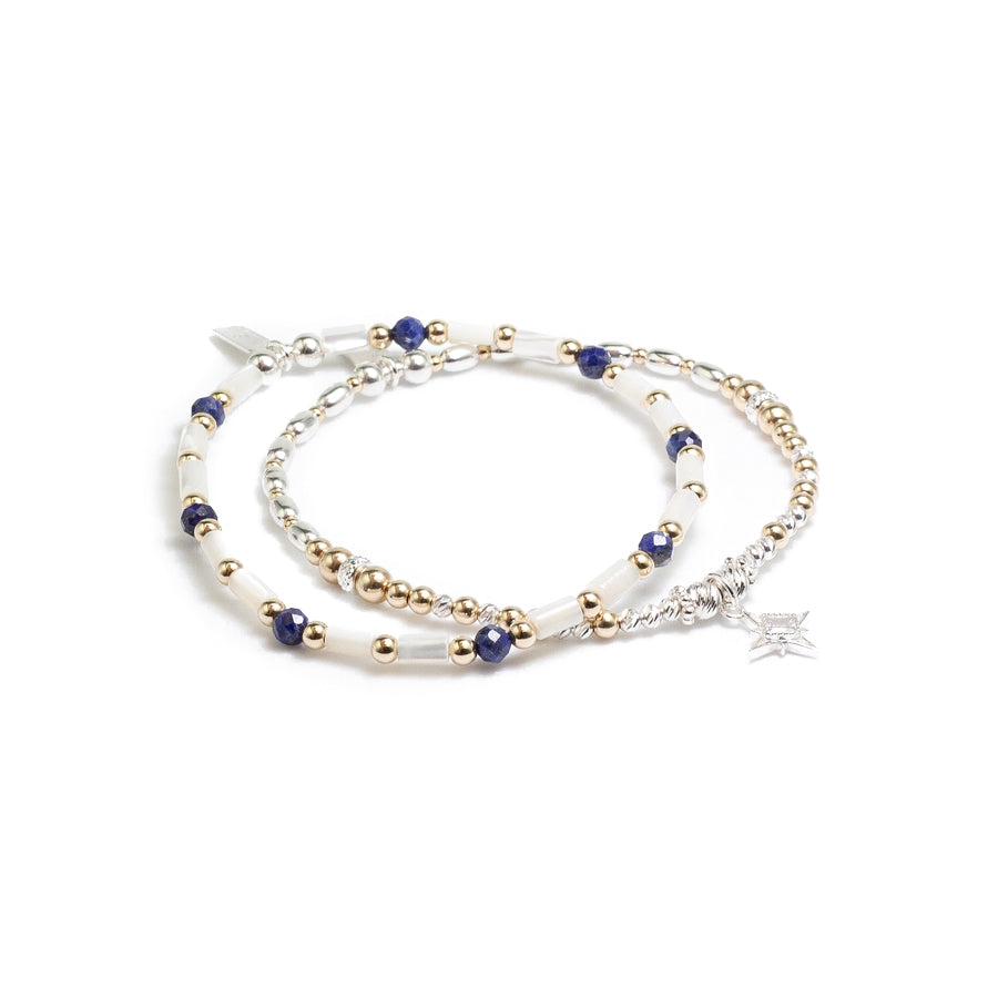 Aster bracelet stack with Lapis Lazuli and Mother of Pearl