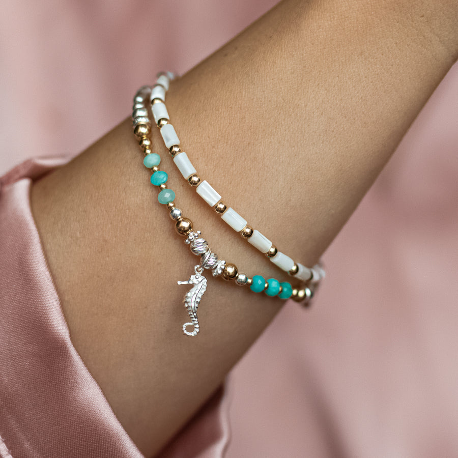 Seahorse bracelet stack with Amazonite gemstone and Mother of Pearl