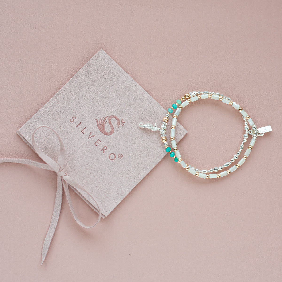 Seahorse bracelet stack with Amazonite gemstone and Mother of Pearl