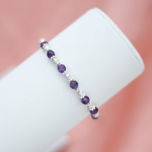 Luxury 100% natural Bright Violet Amethyst stacking bracelet with multicut silver beads