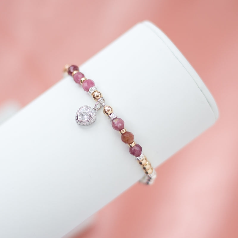 Luxury AAA Pink Tourmaline silver and 14k gold filled stacking bracelet with and Heart charm