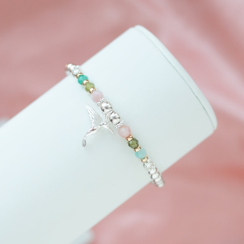 Luxury Hummingbird silver bracelet with Pink Opal, Green Garnet and Amazonite gemstones