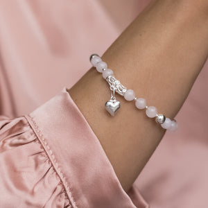 Romantic 925 Sterling silver Heart charm bracelet beaded with Rose Quartz gemstone