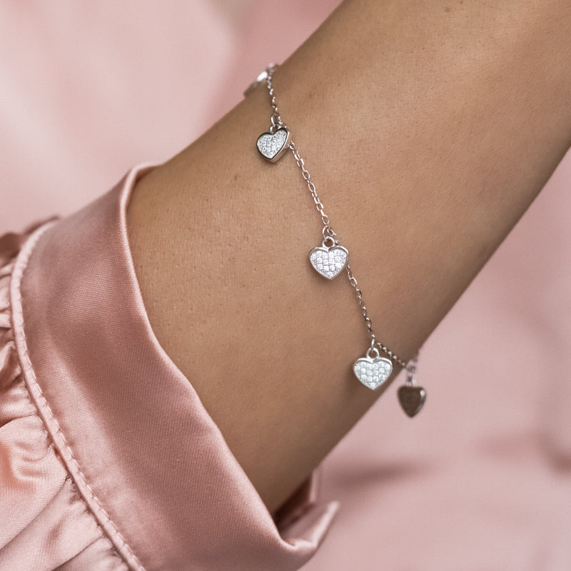 Romantic 925 sterling silver bracelet with Heart charms and Cubic Zirconia stones - Rhodium plated