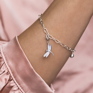 Elegant 925 sterling silver chain bracelet with Dragonfly charm and Cubic Zirconia stones