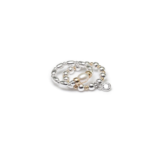 Elegant white Freshwater pearl ring stack with Cubic Zirconia charm