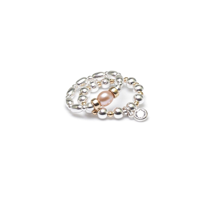 Peach Freshwater pearl ring stack with Cubic Zirconia charm