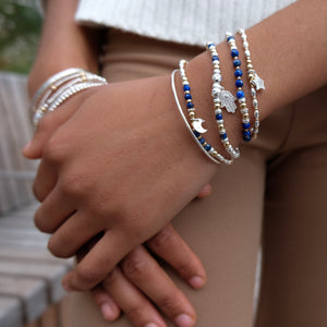 Elegant 100% natural Lapis Lazuli silver stacking bracelet with 14k gold filled beads