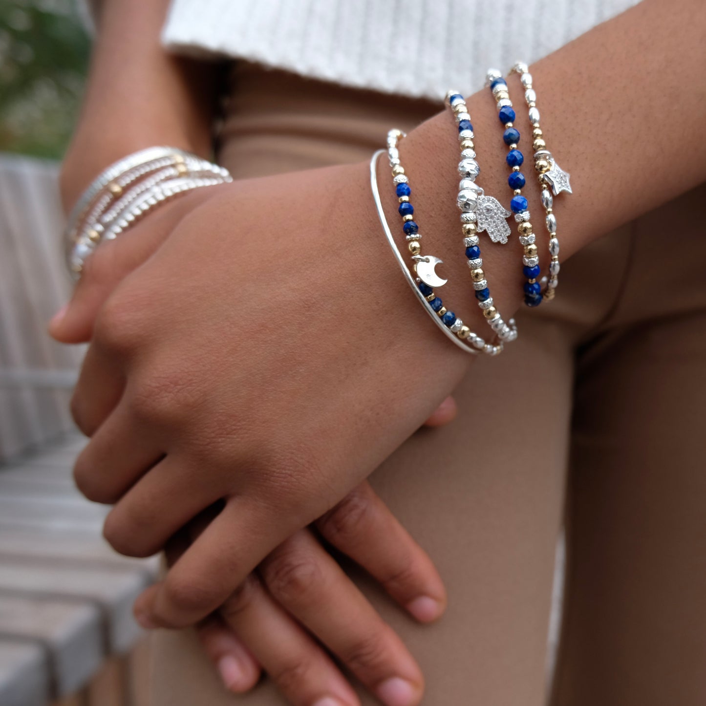 Dazzling Hamsa stacking silver bracelet with Lapis Lazuli and 14k gold filled beads