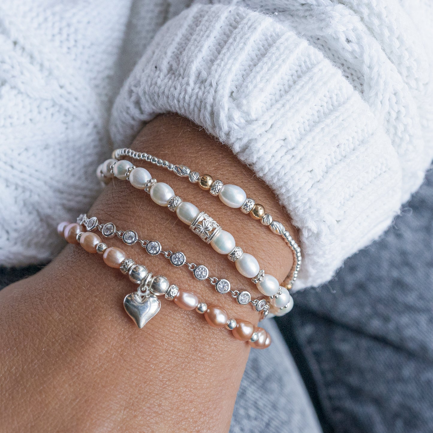 Minimalist 925 sterling silver stacking bracelet with white Freshwater pearl