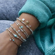 Load image into Gallery viewer, Delicate sterling silver stacking bracelet with 14k gold filled beads, Turquoise gemstone and Cubic Zirconia charm
