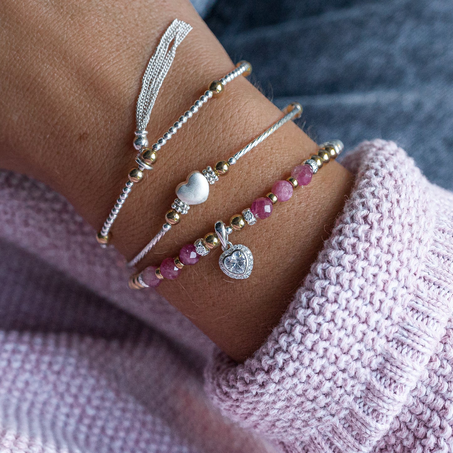 Luxury AAA Pink Tourmaline, silver and 14k gold stacking bracelet with Heart charm