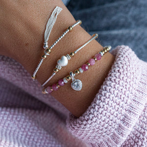 Luxury AAA Pink Tourmaline silver and 14k gold filled stacking bracelet with Heart charm
