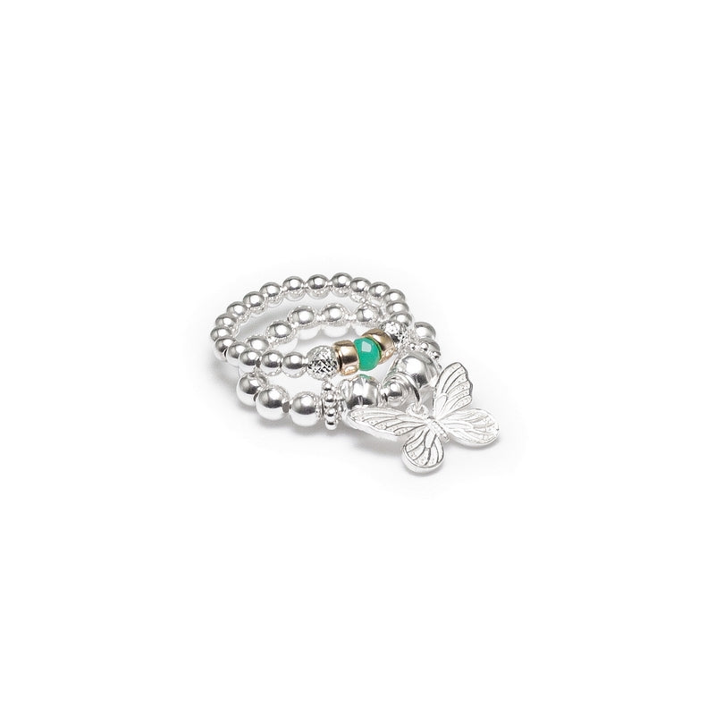 Eirene silver ring stack with Butterfly and Chrysoprase gemstone