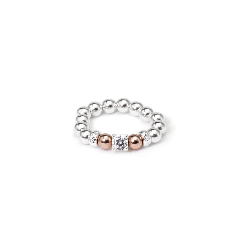 Rosie stacking ring with Rose Gold filled beads and Cubic Zirconia stone